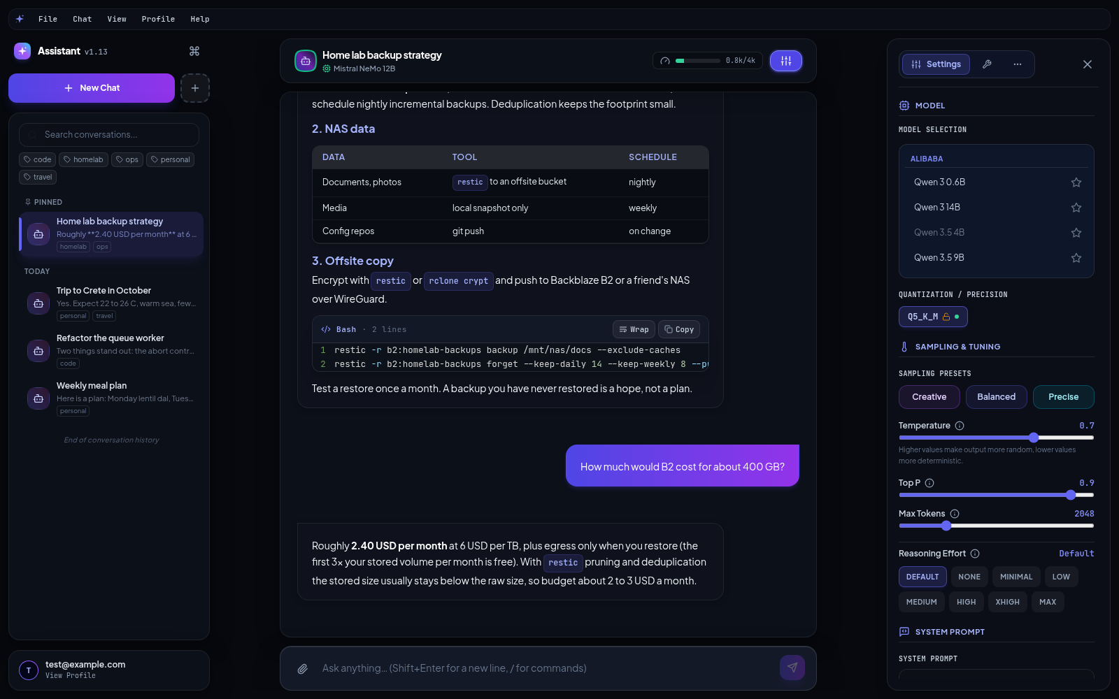 Assistant main window: sidebar with conversations on the left, a chat thread with a thinking block in the centre and the conversation settings panel on the right.
